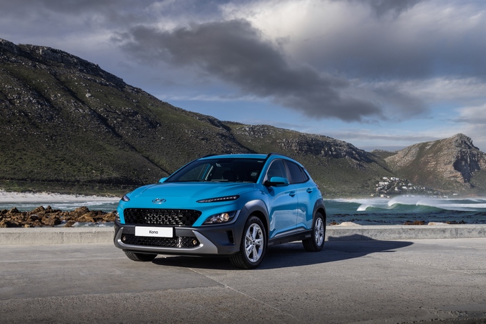 Blue 2021 Hyundai Kona SUV by the ocean