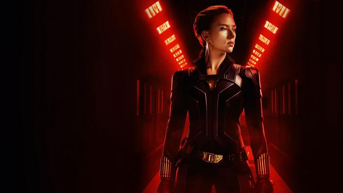 Scarlett Johansson as Black Widow in red hallway