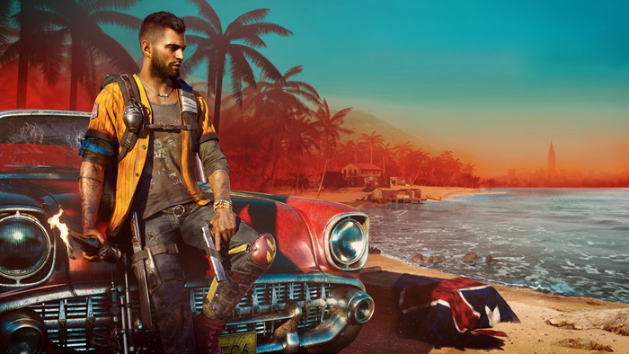 Dani Rojas from Far Cry 6 on a beach with a car