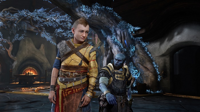 Atreus and a blue-skinned character in God of War Ragnarok