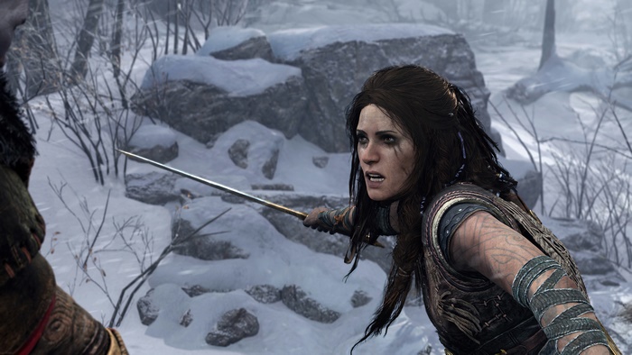 Freya from God of War Ragnarok in a snowy environment
