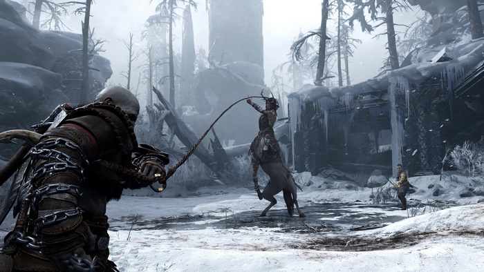 Kratos from God of War Ragnarok in a snowy forest