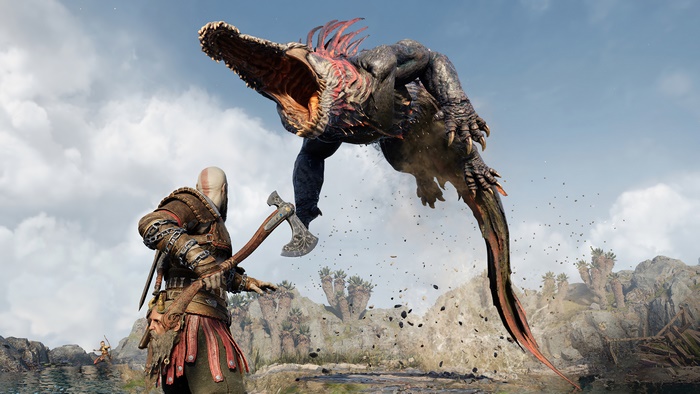 Kratos from God of War Ragnarok fighting a monster