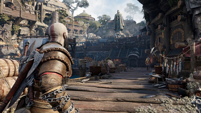 Kratos from God of War Ragnarok in a village