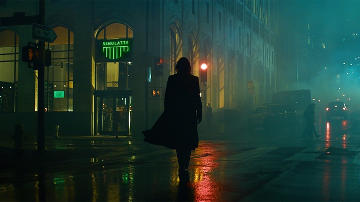 Neo from Matrix Resurrection in Dark City Street