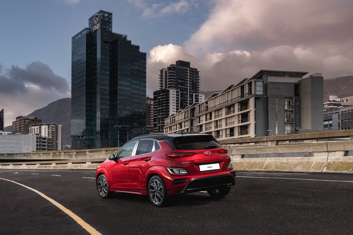 Red 2021 Hyundai Kona N Line SUV in city