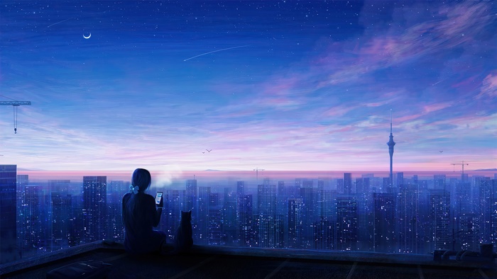 Girl and Cat on Rooftop Overlooking City at Sunrise 4K