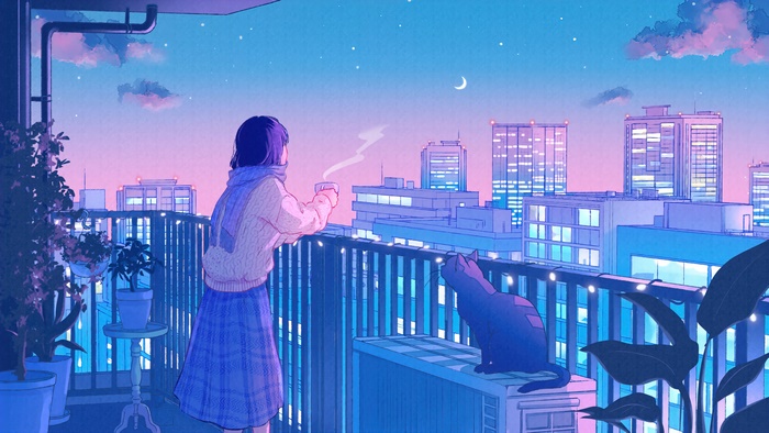Anime City Night Scene with Girl and Cat
