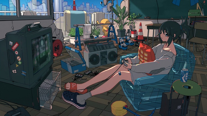 Girl playing video games in a room with a city view