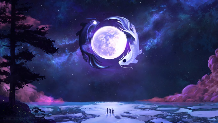 Full Moon and Koi Fish Night Scenery Art
