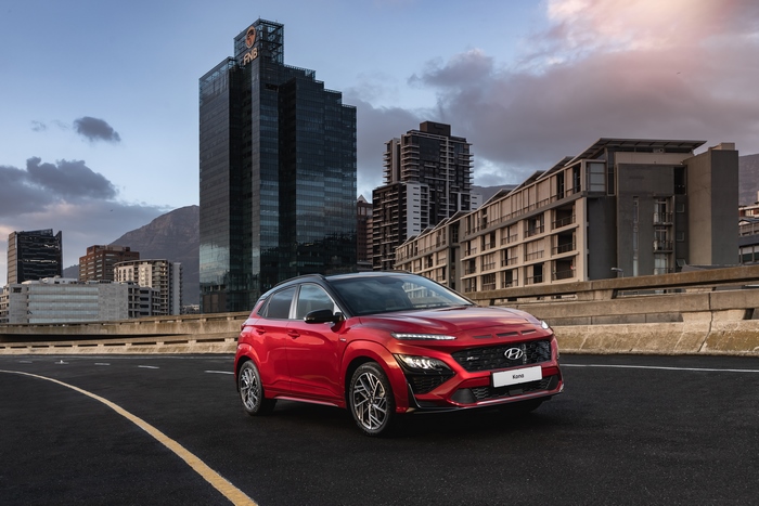 Red 2021 Hyundai Kona N Line SUV in city
