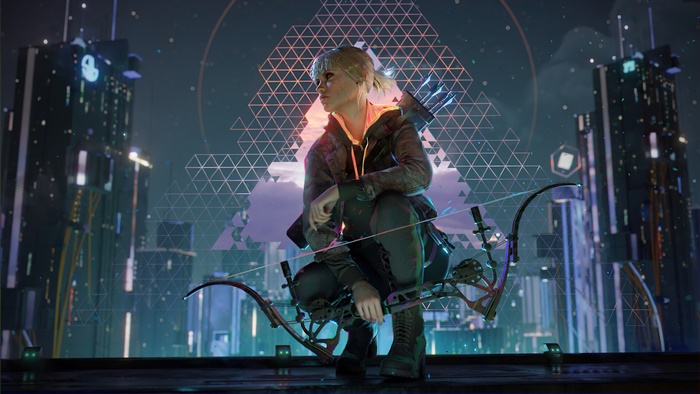Girl with bow in cyberpunk city 4K