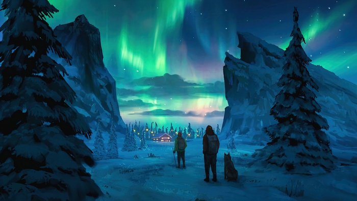Aurora Borealis over a snowy landscape with two people and a dog