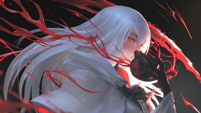 Anime Girl with White Hair and Red Eyes in 4K