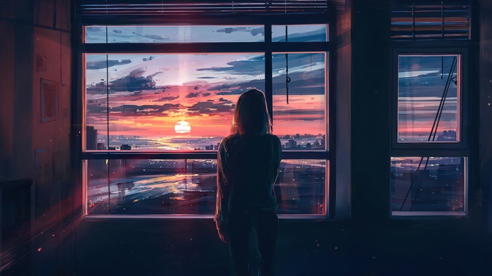 Silhouette of a person watching a sunset over a city, 4K art