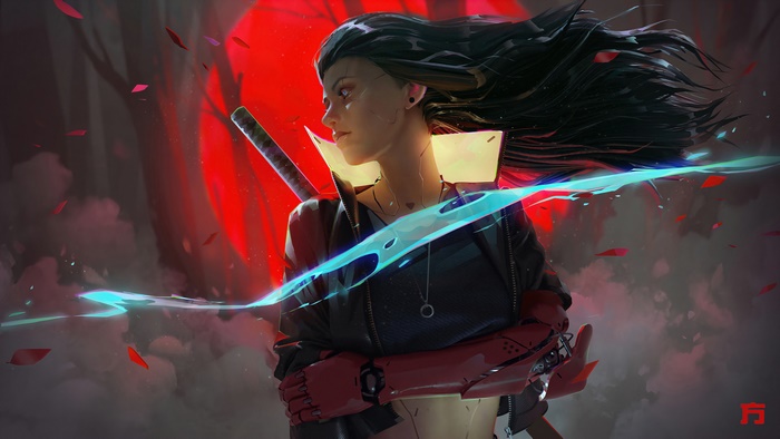 Cyberpunk girl with katana and robotic arm 4K