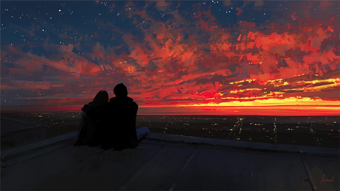 Couple watching 4K sunset over city