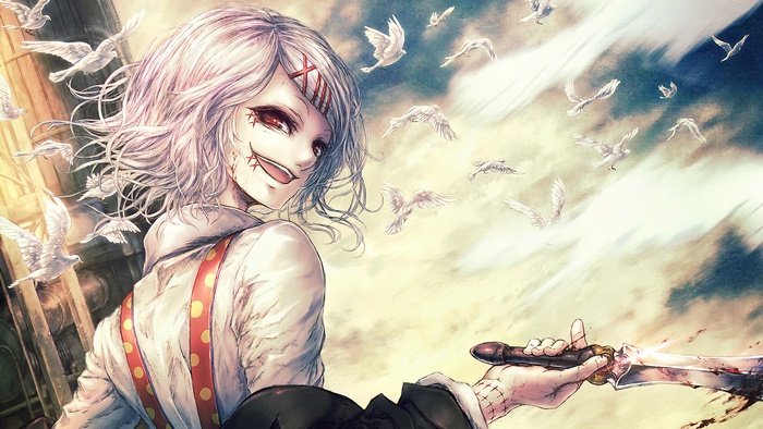 Juuzou Suzuya from Tokyo Ghoul with doves and knife