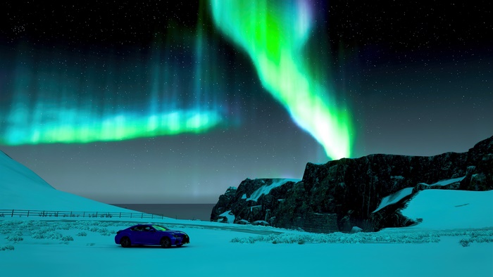 Blue car under aurora borealis in snowy landscape 4K