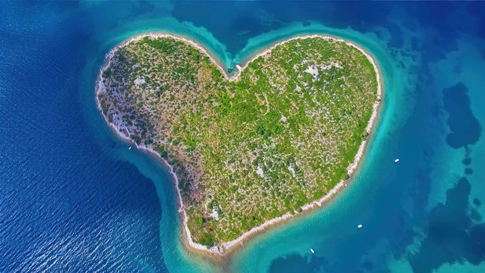 Galesnjak Island of Love aerial view 4K