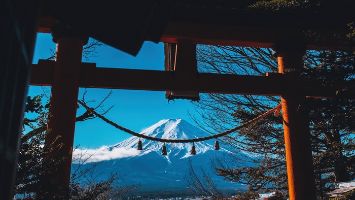 Mount Fuji through a Japanese Shrine Gate