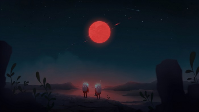 Astronauts Under a Red Moon Night Sky