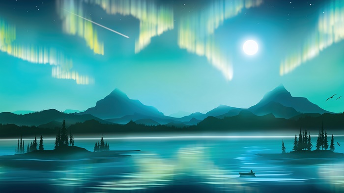 Aurora Borealis over Mountains and Lake