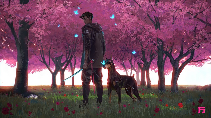 Cyberpunk man with katana and dog in cherry blossom forest 4K