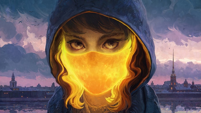 Girl with glowing mask in front of city skyline