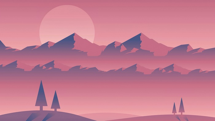 Minimalist mountain landscape with sun and trees