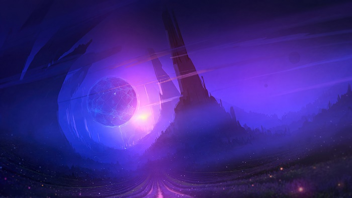 Fantasy digital art landscape with glowing sphere