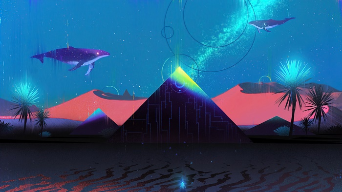 Digital art of a surreal desert landscape with whales and a pyramid