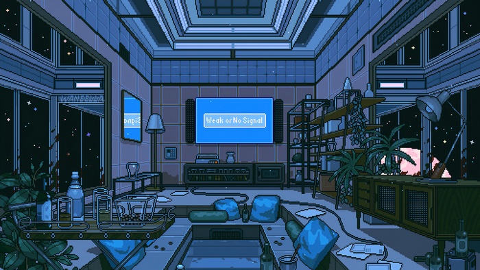 Pixel art room with a TV showing 'Weak or No Signal'