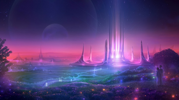 Fantasy futuristic city with couple at night 4K