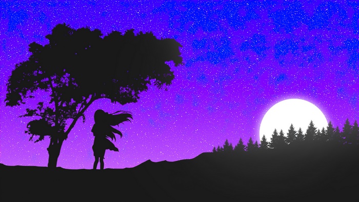 Silhouette of a girl under a tree with a moonlit sky