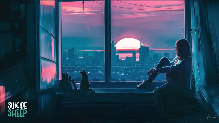 Girl and cat watching sunset over city 4K