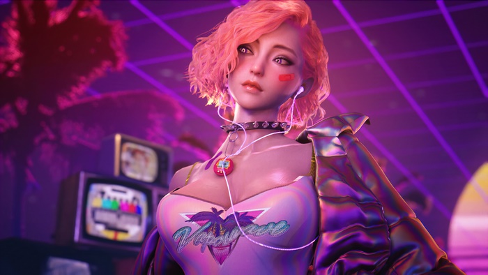 Girl in Vaporwave Style with Pink Hair and Earphones
