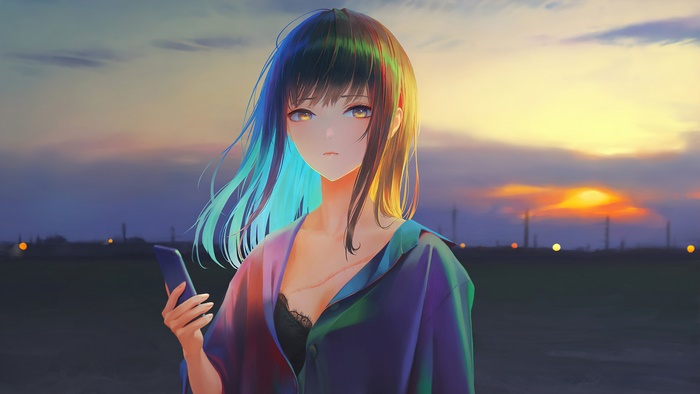 Anime girl with colorful hair holding a phone at sunset