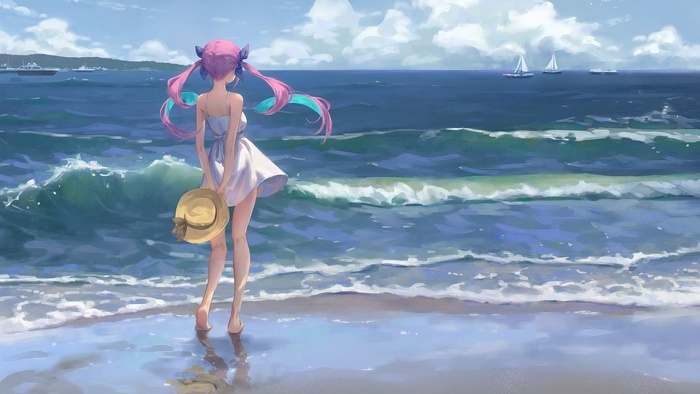 Anime Girl on Beach with Ocean Scenery