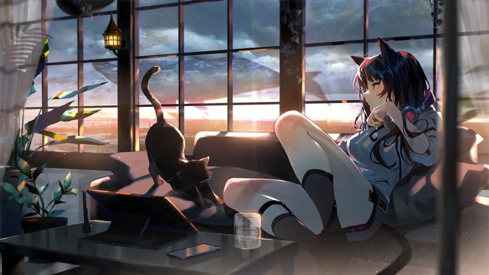 Anime girl with cat and headphones at sunset
