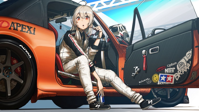 Anime Girl in Racing Suit with Orange Sports Car 4K