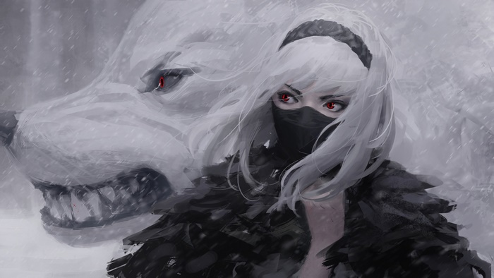 Girl with white wolf in snow 4K