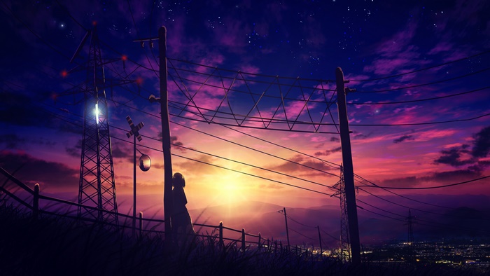 Anime silhouette against a vibrant sunset sky