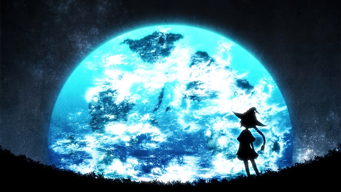 Anime girl in witch hat looking at a giant blue moon