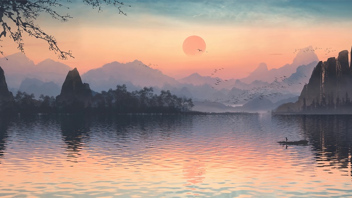 Digital art sunset over lake and mountains 4K