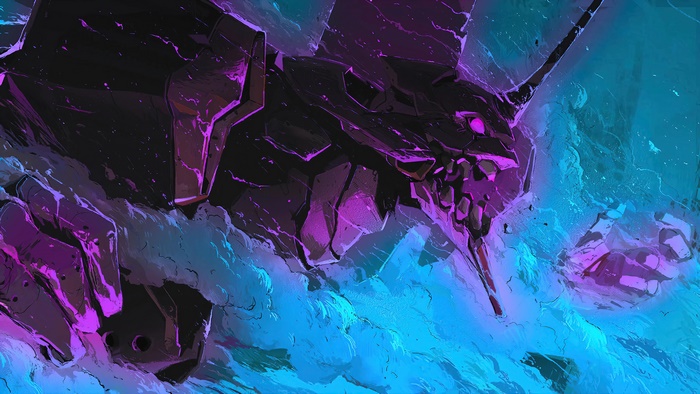 Evangelion Unit-01 in purple and blue abstract art