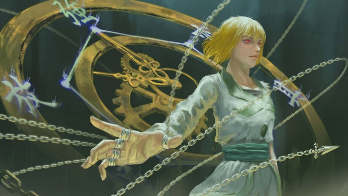 Kurapika from Hunter x Hunter with chains and clockwork