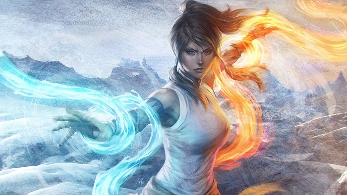 Korra from Legend of Korra using waterbending and firebending in 4K
