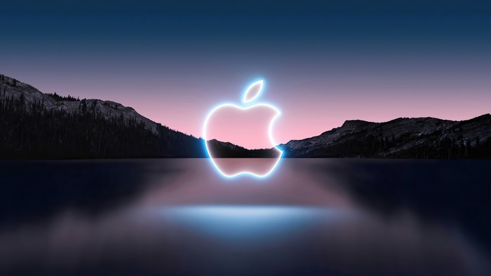 Apple Logo Neon Light with Mountain Landscape at