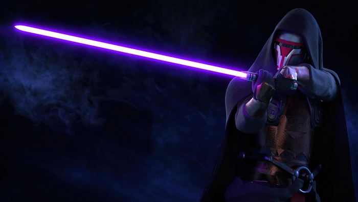 Darth Revan from Star Wars with a purple lightsaber